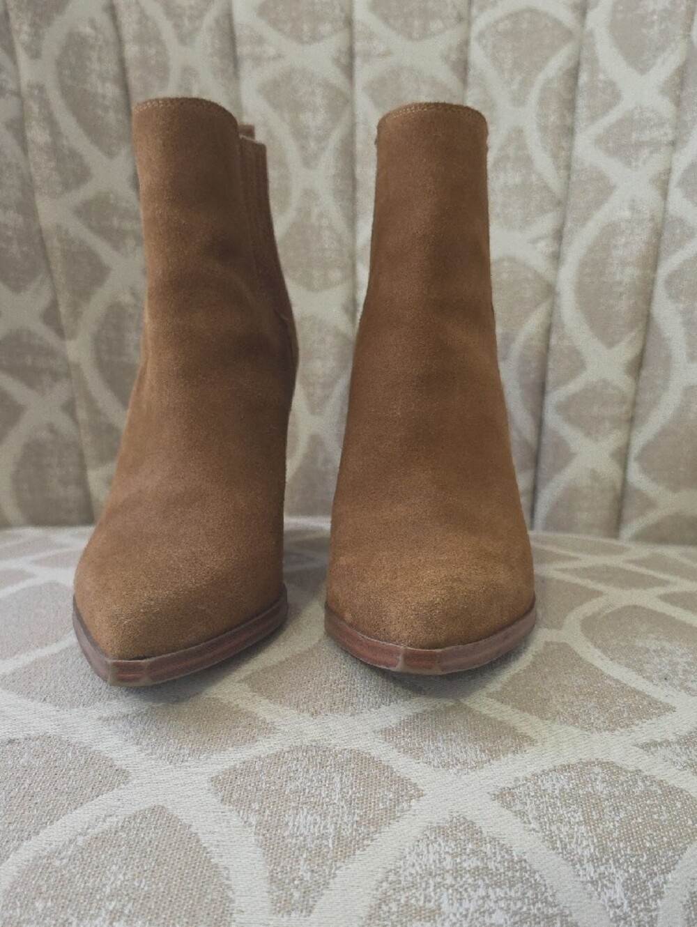 Marc Fisher Tan Suede Ankle Booties with Stacked Heel - Picture 3 of 5